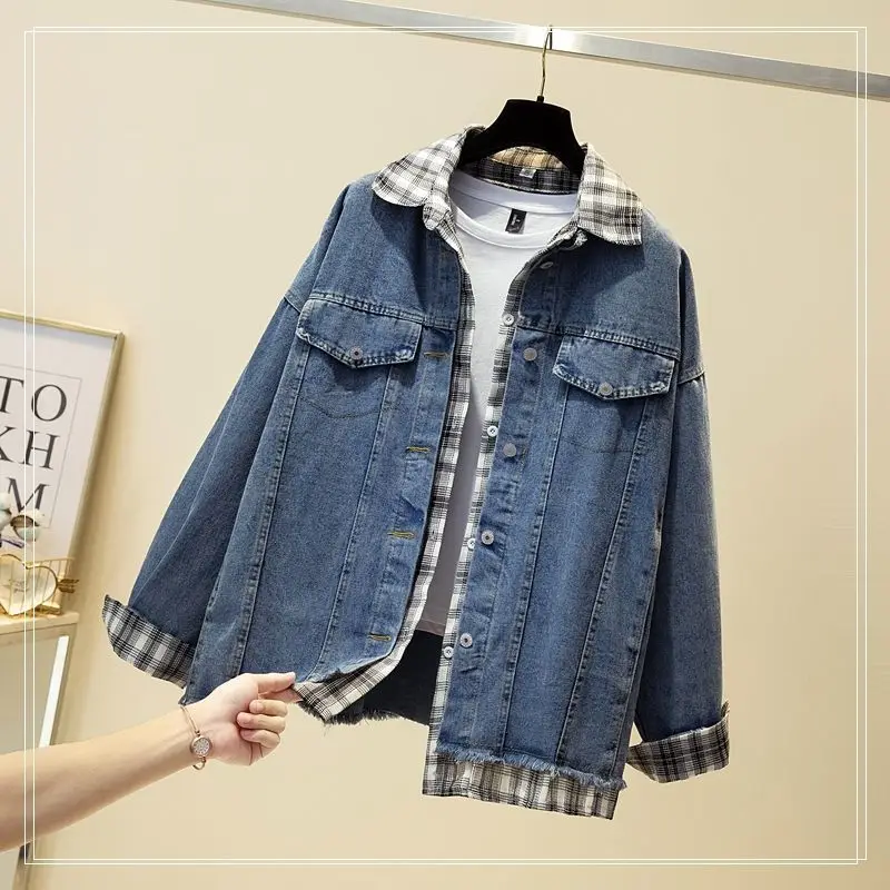 

Женская джинсовая куртка в шотландскую клетку, модель 3XL/4XL, Осеннее свободное джинсовое пальто из двух частей, модель синего цвета