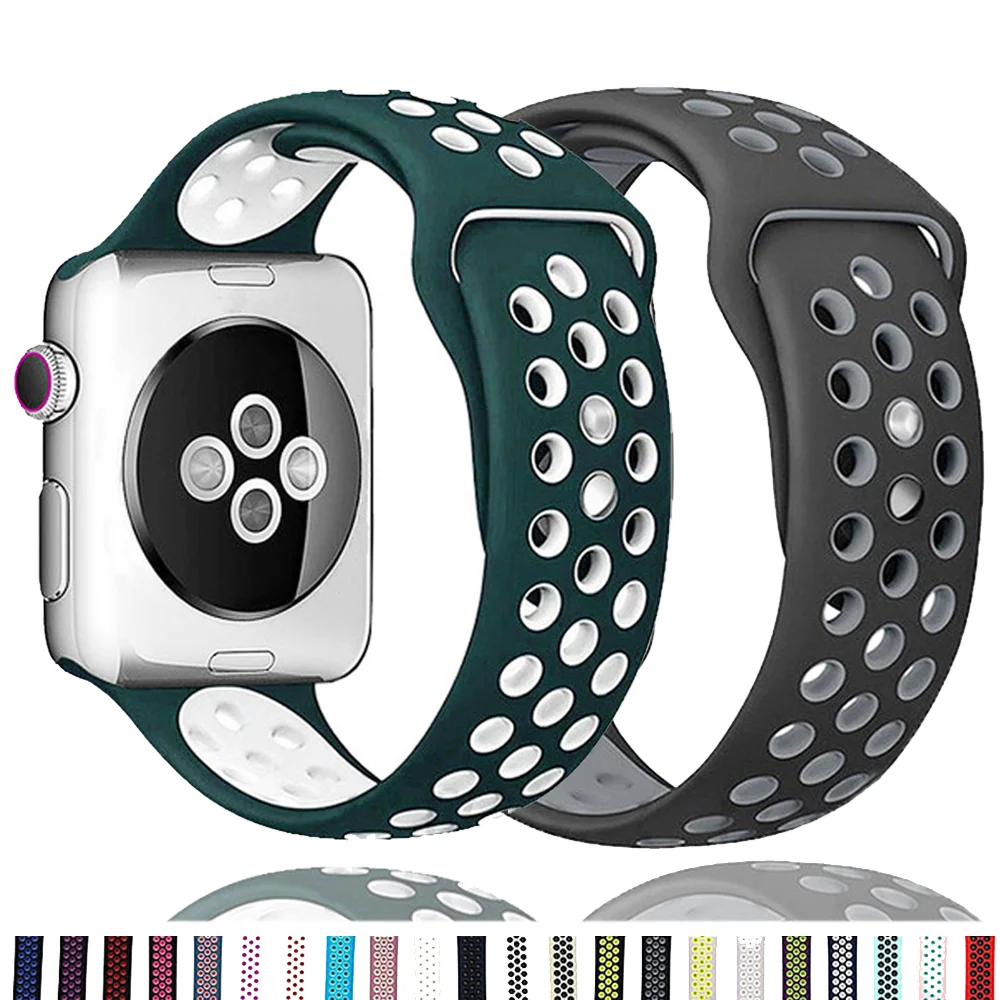 

Silicone Strap For Apple Watch band 44mm 40mm 38mm 42mm 41mm 45mm Breathable wrist belt bracelet iWatch Serie 6 SE 5 4 3 7