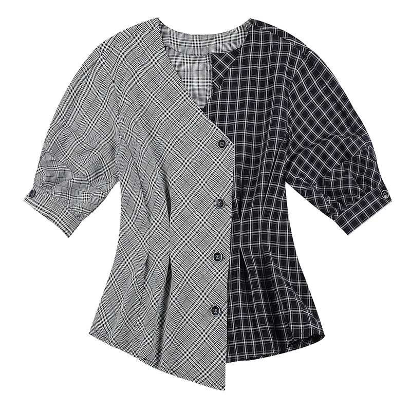 

Women Blouses Fashion Colorblock Plaid Blouse Women Shirts V-neck Short Sleeve Korean Shirt Women Tops Plus Size Camisas Mujer