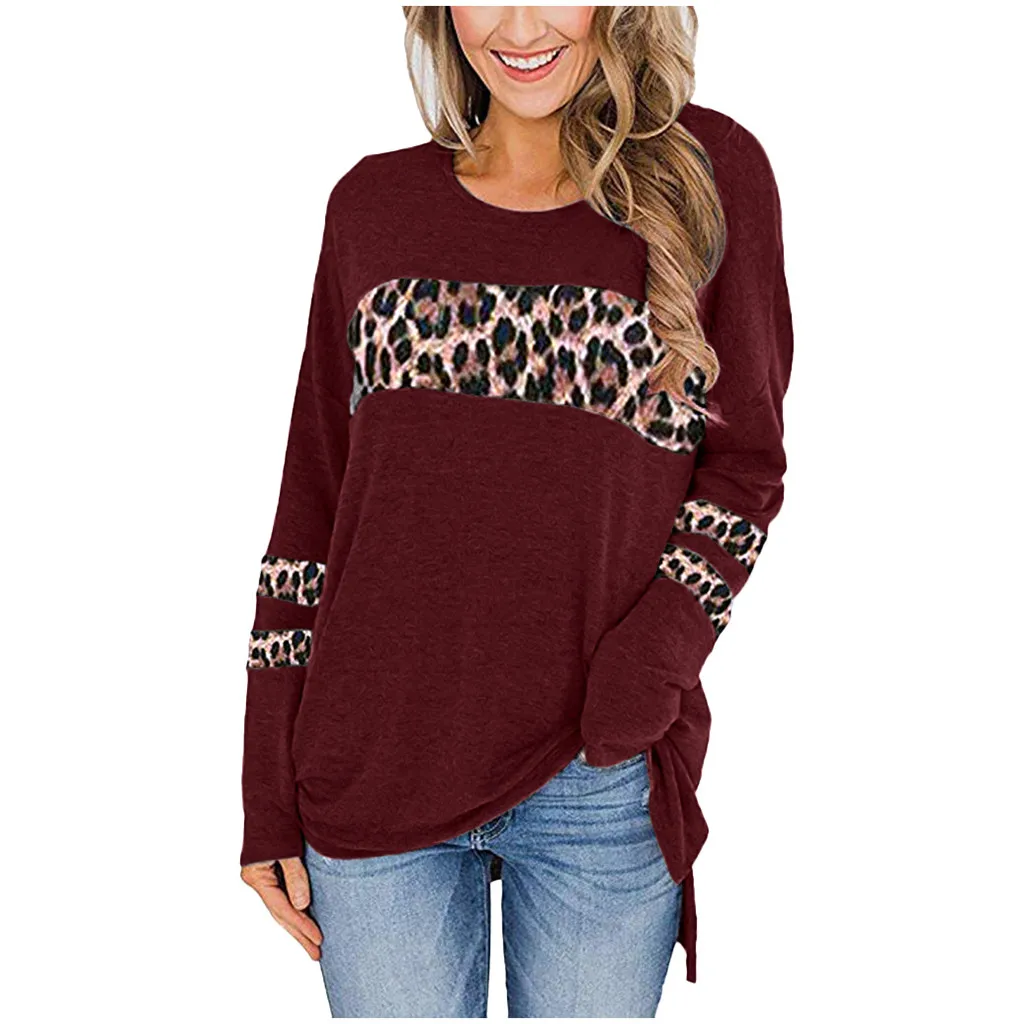 Женские топы и блузки 2019 повседневный Топ с длинным рукавом леопардовым принтом