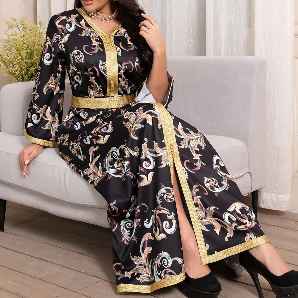 

2021 Summer New Middle East Printing Long Belt Muslim Women's Dress Robe Fashion Loose Casual V-neck Long Sleeve