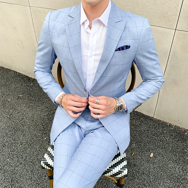 Мужской деловой костюм в клетку 2 предмета (Блейзер + брюки) Новый корейский