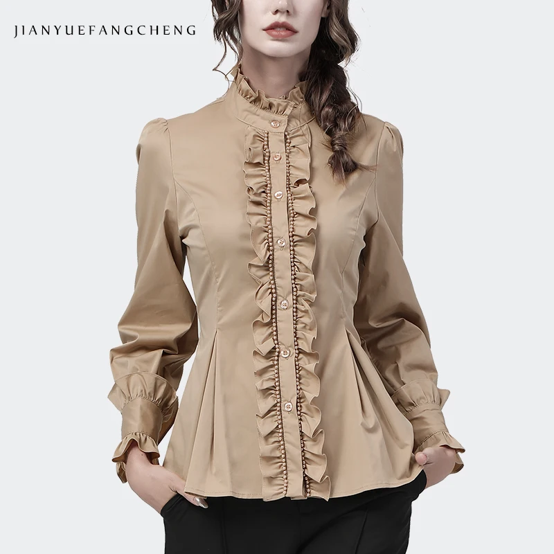 

Elegant Womens Long Sleeve Ruffled Blouse Cotton Top 2021 Autumn New Solid Color Pearls Decoration Slim Button-Down Tunic Shirt