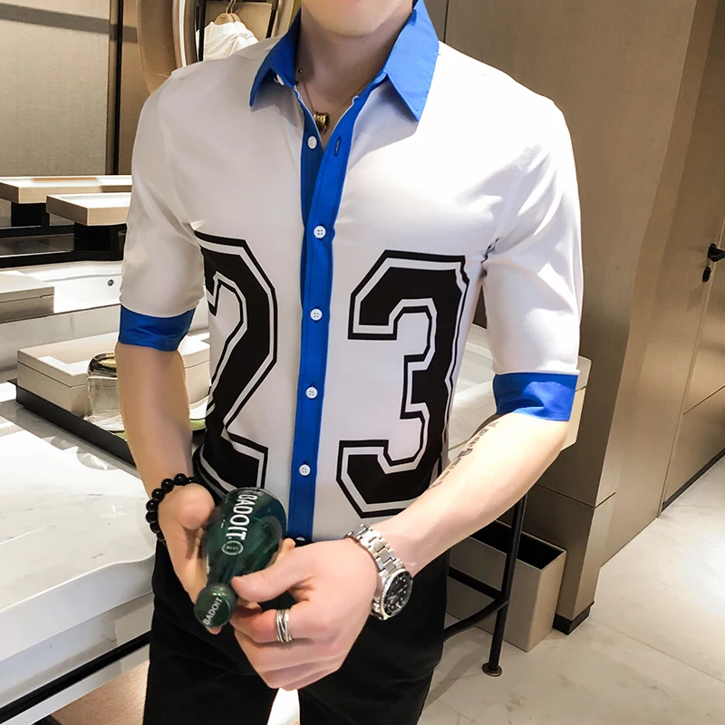 Мужская рубашка с принтом No. повседневная приталенная коротким рукавом одежда