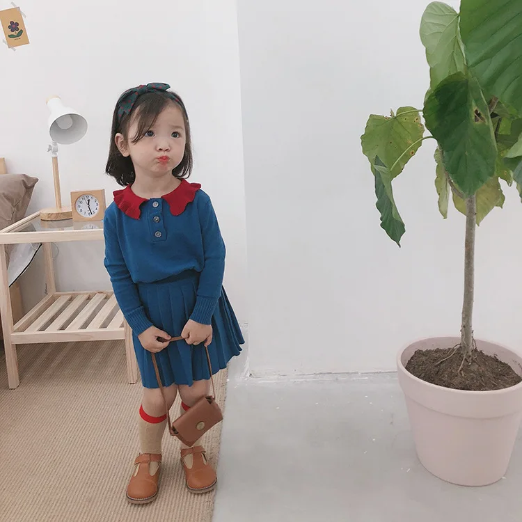 Вязаный комплект принцессы для девочек осень 2019 свитер с отложным воротником и