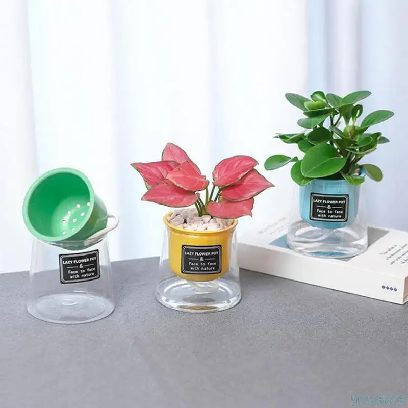 

2-Layer Plant Pot Self-watering Pots With Water Container Decorative Flower Pot Small Potted Resin Imitation Glass