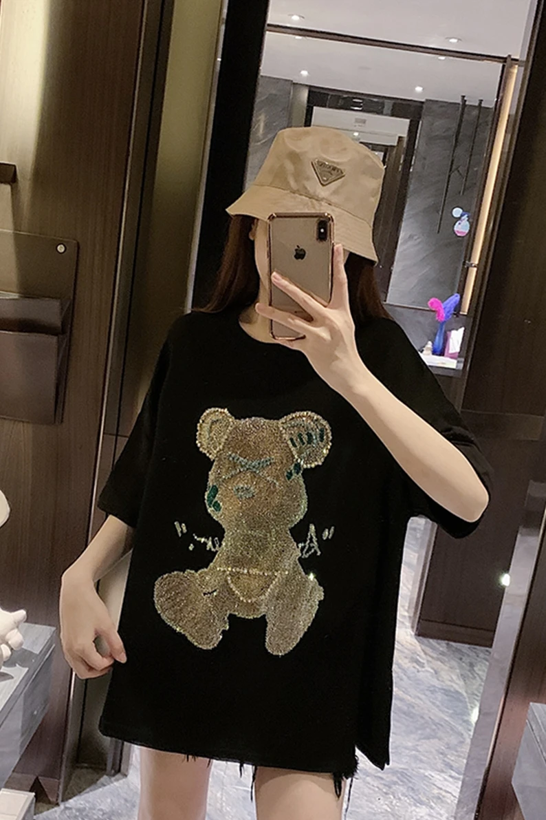 

The new women's summer 2021 black diamond short sleeve high quality embroidery sequins bear modal in long loose t-shirts