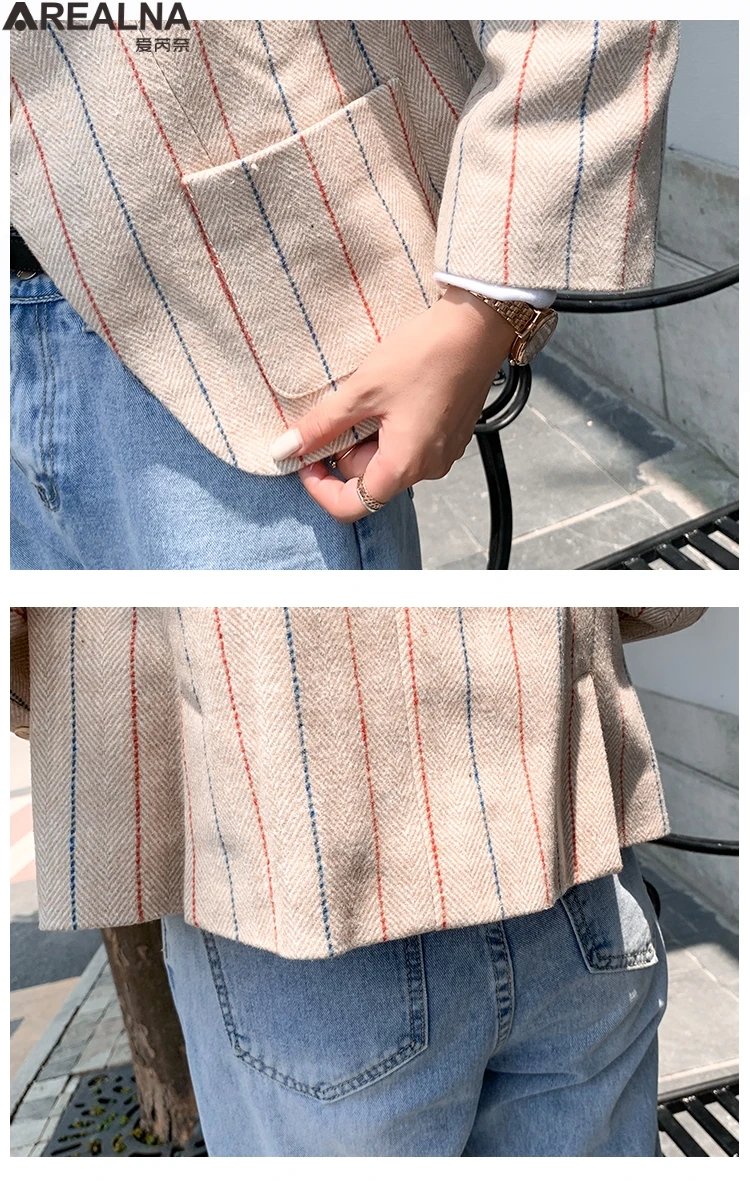 

Vintage single button woman jacket autumn stripe short blazer women casual Pockets Korean Suits Coat Feminino blazers Outerwear