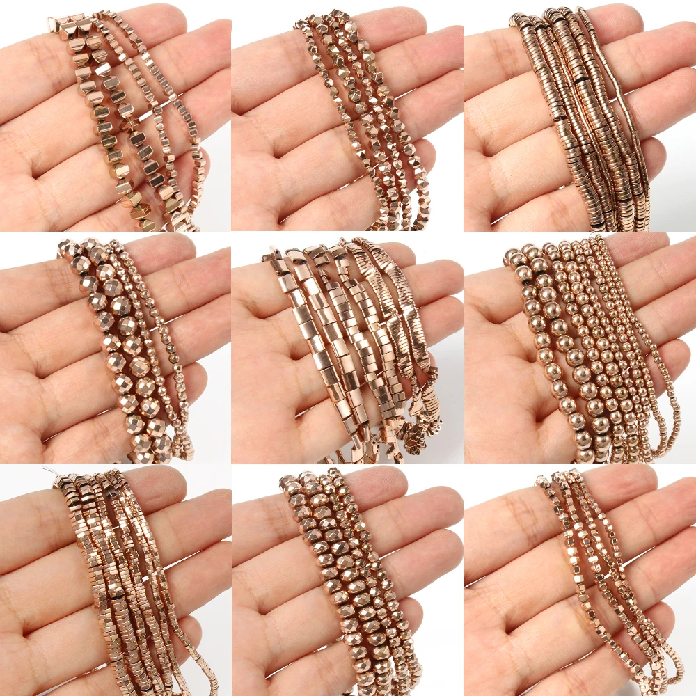 

Color Retention Rose Gold-Plated Hematite Beads Natural Stone Round Cube Spacer Loose Beads for jewelry Making DIY Bracelet 15''