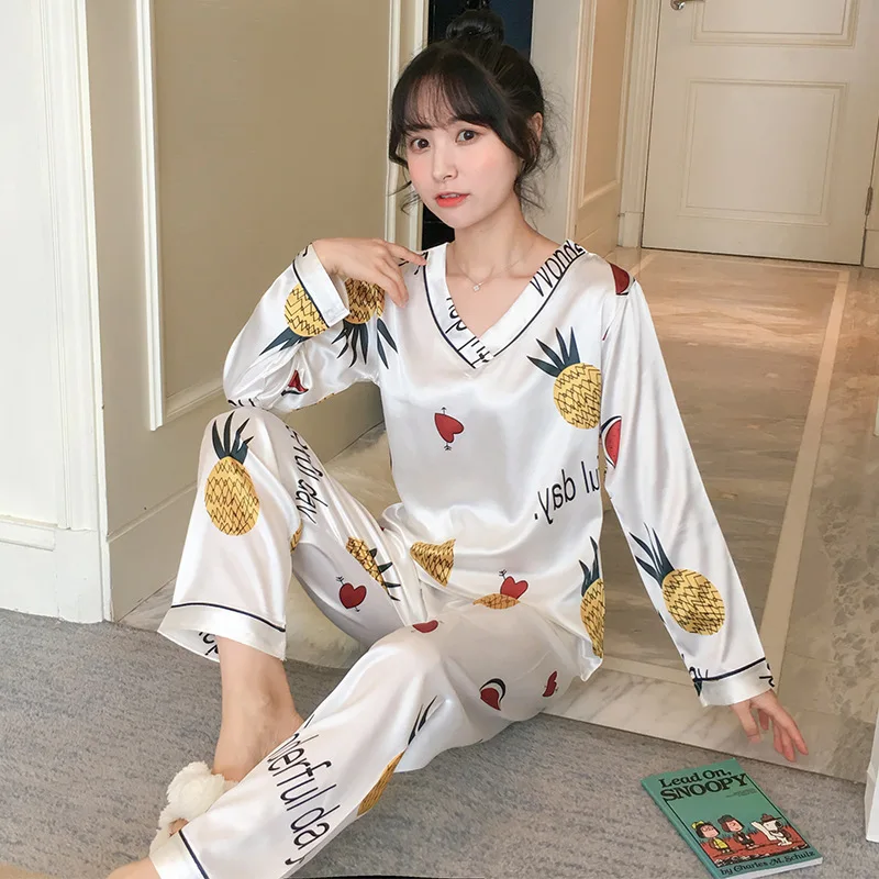 

New 2021 Autumn Women 2PCS Pajamas Sets Print Flower Female Satin Shirts&Pants Sleepwear Set Casual Pajama Intimate Lingerie