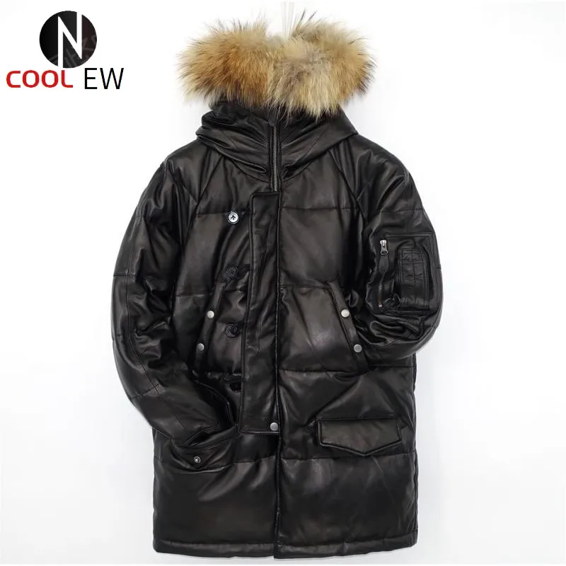 

Winter Fur Collar Hooded Overcoat Men Padded Parka Thick Warm Cold Jacket Genuine Leather Single Breasted Slim Fit Down Jacket