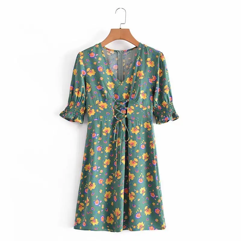 

Short Sleeve Fashion Floral Print V-neck Chest Lace Dress Summer Women's Clothes Casual Holiday Beach Wear Prom