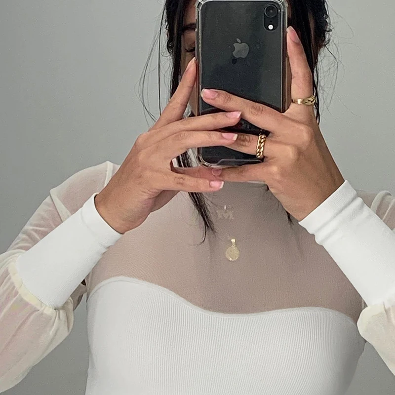 Weekeep сетки лоскутное с длинным рукавом боди для женщин Белый High Street Bodycon сексуальный комбинезон боди Femme