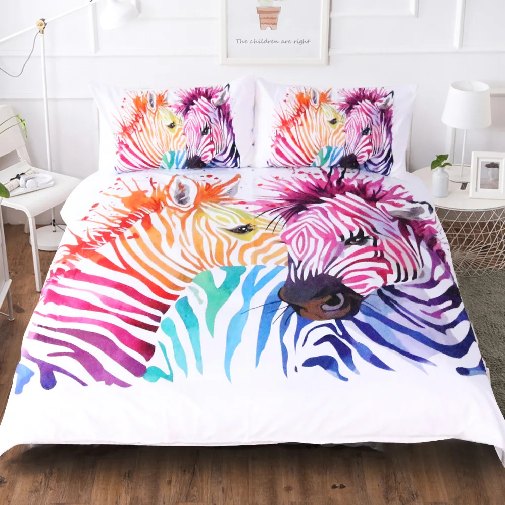 

Rainbow Zebra Bedding Set Queen Size Duvet Cover Set 3D Colored Quilt Cover Bedclothes For Adult Kids Cartoon 3Pcs Home Textiles