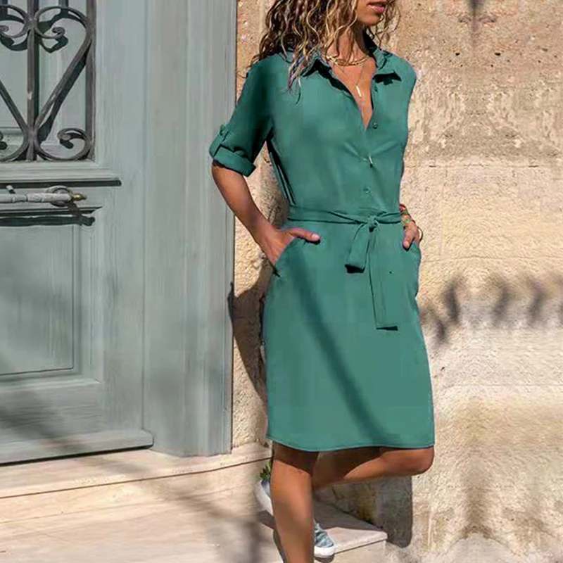 Платье с отложным воротником и рукавом до локтя шнуровка Рубашки повседневные