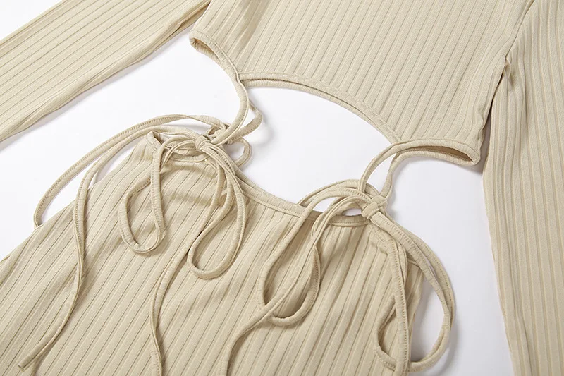 

WJFZQM Cotton Ladies Bodycon Ribbed Dress Women Sexy Hollow Out Bandage Long Sleeve Dress Women Autumn Wrap Knit Mini Dress 2020