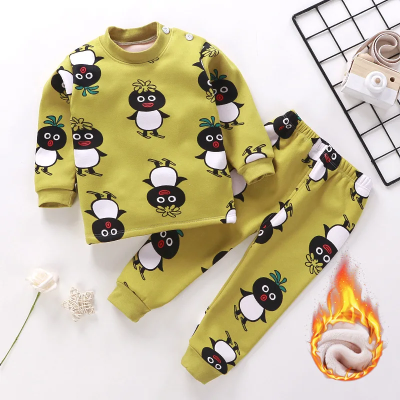 New 2021 Kids Boys Thicken Pajama Sets Cartoon O-Neck T-Shirt Tops with Pants Baby Girls Autumn Winter Warm Sleeping Clothes