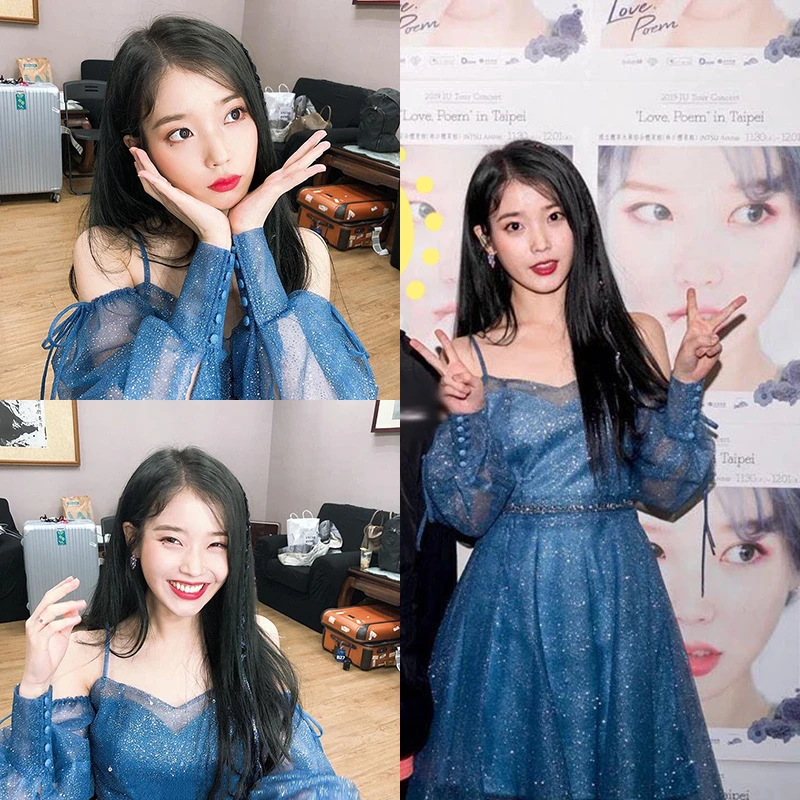 Женское платье без бретелек синее Сетчатое на бретельках с открытыми плечами IU Lee