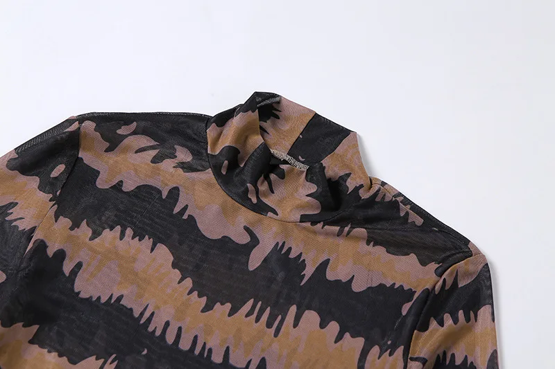 

WDBOO Mock Neck Long Sleeve Printed Mesh See Through Club Mini Dress for Women Sexy Transparent Tube Dresses