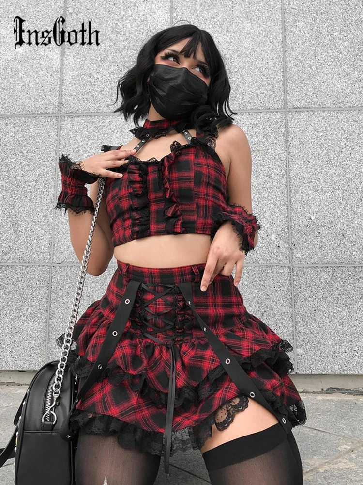 Пикантный комплект InsGoth в стиле панк Фея гранж с V-образным вырезом Y2K эстетичные