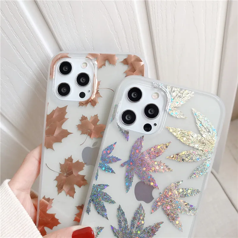 Electroplated Fashion Leaves Glitter Phone Case For iPhone 11 12 Mini Pro X XR XS Max 8 7 Plus SE 2020 Clear Soft IMD Back Cover