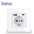 Настенная розетка Delviz USB Type C, 5 в 2100 мА с двумя usb-портами, белая закаленная прозрачная стеклянная панель, розетка европейского стандарта 16 А
