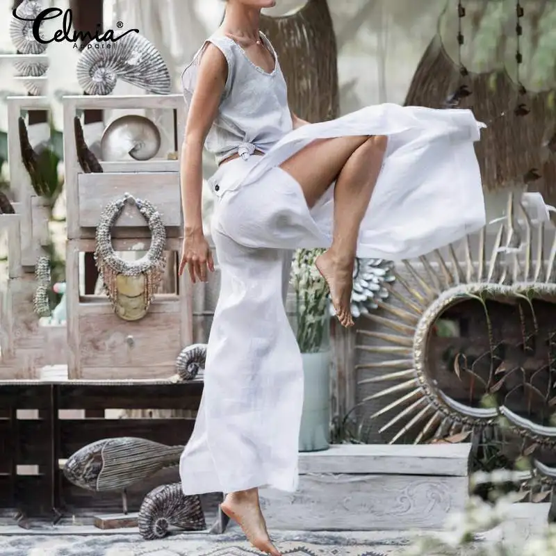 Vintage Palazzo Women Wide Leg Pants Celmia 2020 Fashion High Split Trousers Casual Loose Capris Long Pantalon Femme Plus Size 7 | Женская