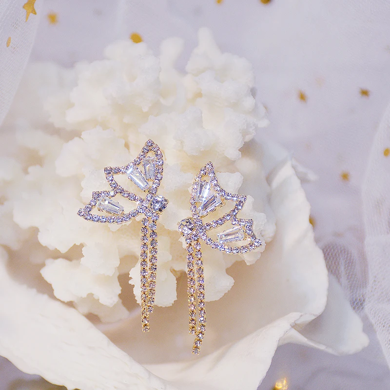 

Vintage Exquisite 14k Real Gold Jewelry Tassel Butterfly Wings Earrings for Women Luxury AAA Zircon Stud S925 Silver Needle Gift