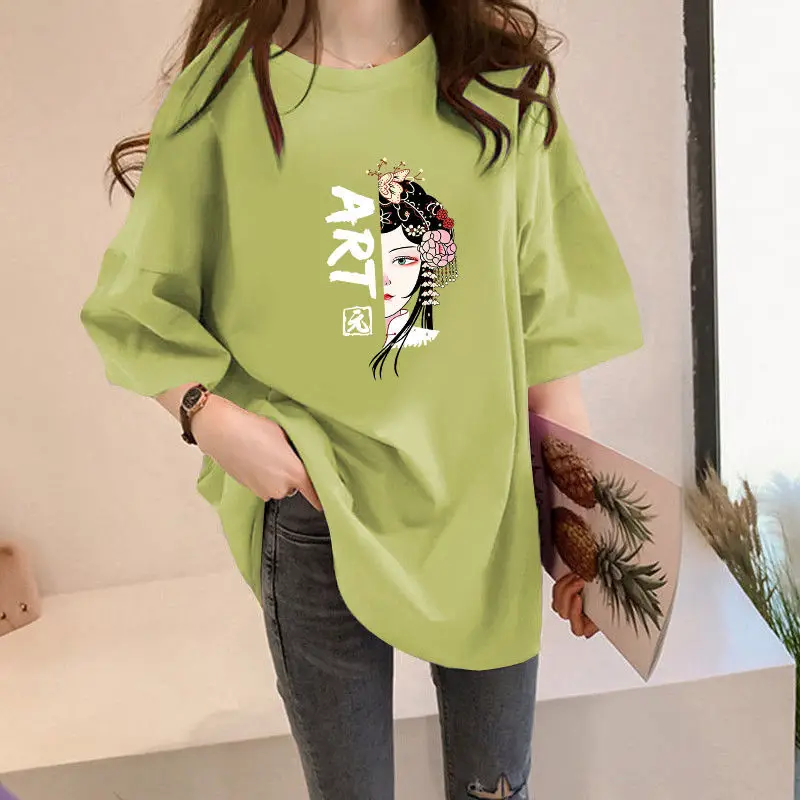 

2021100% Cotton Mid-length Loose Large Size Short-sleeved Printed T-shirt Was Thin, All-match Spring and Summer Korean Version