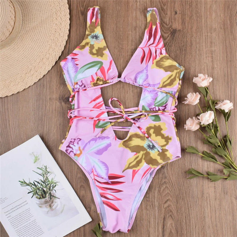 Женские сексуальные купальники с высокой шнуровкой бикини цветочным принтом