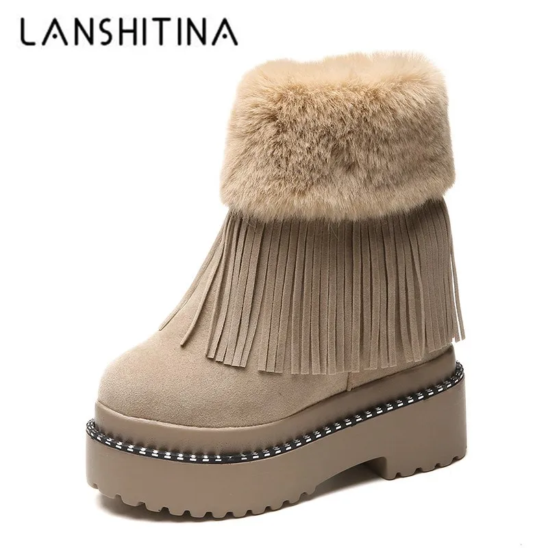 Winter Women Ankle Boots 2020 New Female Tassel Cotton Shoes Wedge Heels High Platform Sneakers Warm Rabbit Fur Snow Short | Обувь