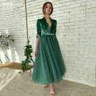 Зеленое вельветовое официальное платье Smileven, вечернее платье до щиколотки вечерние рукавом до локтя, Тюлевое платье-трапеция с буфами для выпускного вечера в Саудовской Аравии, 2022
