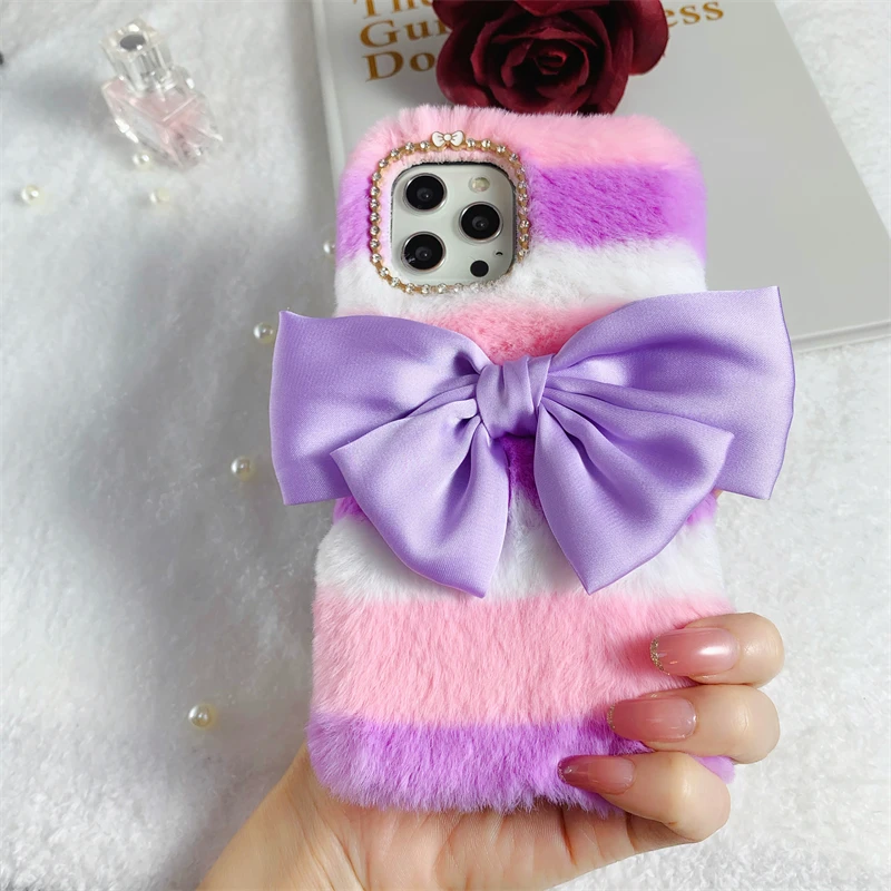 

Signalshin Pink Silk Ribbon Bow Fluffy Furry Fur Phone Case For Xiaomi Redmi 9 9A 9C 9T Note 8 9 10 Pro Max Poco X3 Plush Cover