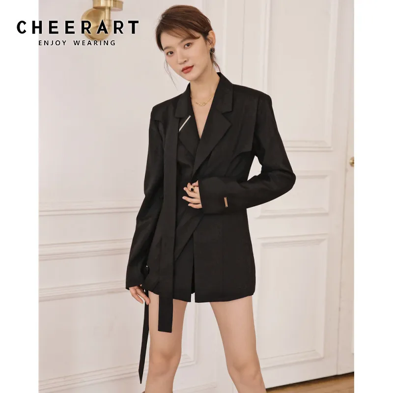 

Длинный черный блейзер CHEERART с лентой, Женская Осенняя куртка, тонкий дизайнерский Женский блейзер, пальто, осенняя модная одежда 2020