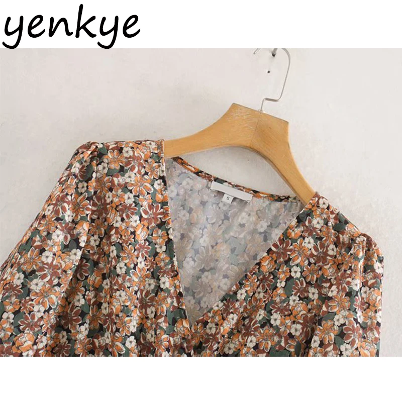 Женское винтажное платье с цветочным принтом длинным рукавом V образным вырезом