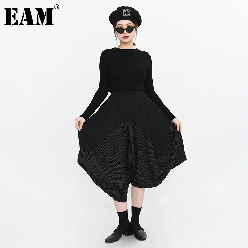

[EAM] High Elastic Waist Black Striped Split Long Harem Trousers New Loose Fit Pants Women Fashion Spring Autumn 2021 1Z31301