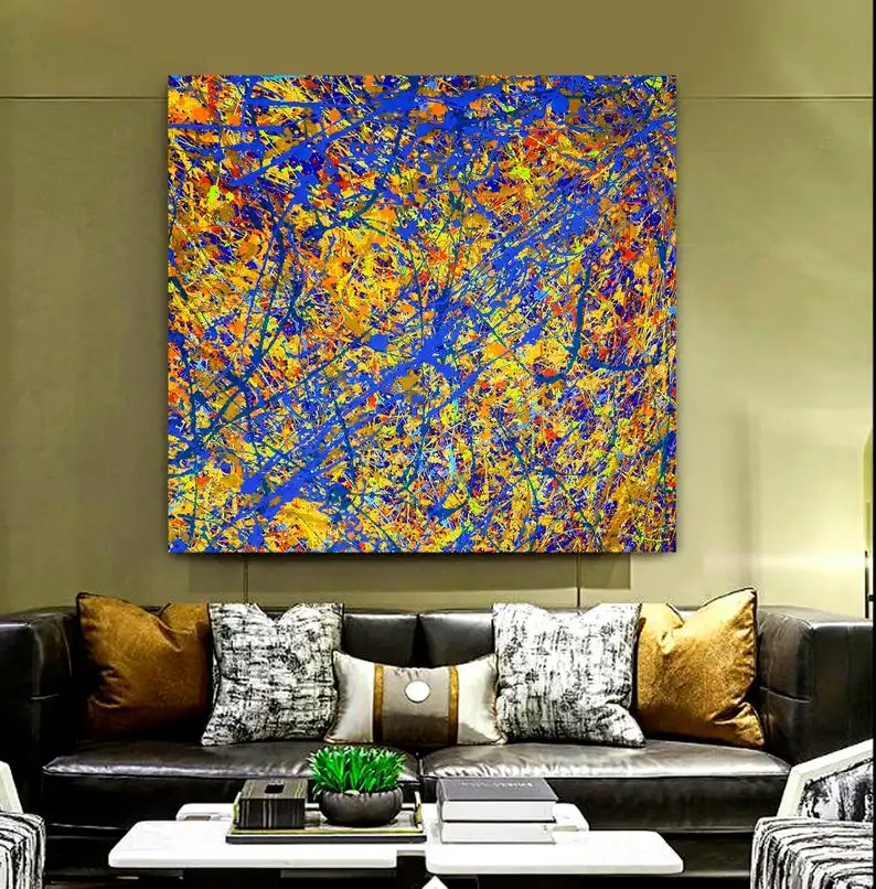 

Абстрактная картина Джексона Поллока, сине-желтое искусство, красочная абстрактная картина из дерева, художественная абстрактная картина ...