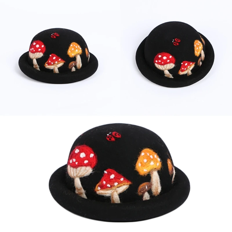 

Parent-Child Winter Autumn Faux Wool Felt Jazz Hat Cute Cartoon Mushroom Ladybird Embroidery Vintage Prom Bucket Cap Party