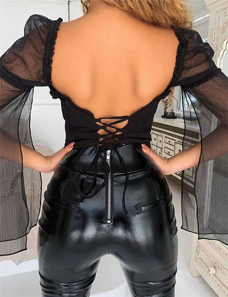 

CHRONSTYLEWomen Spring Chiffon Split Flare Sleeve Shirts Crop Tops Backless Lace-up Slim Exposed Navel Blouse blusas mujer 2021