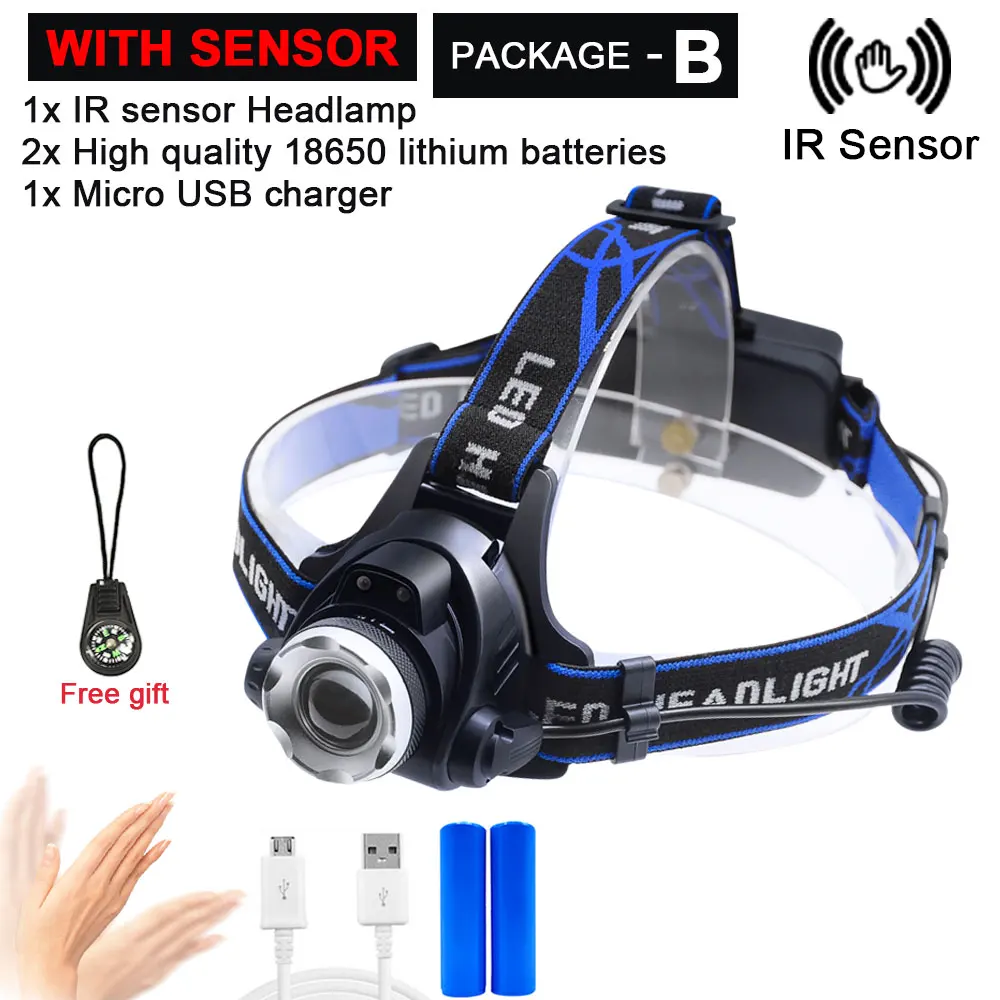 Package B ИК-датчик, головной светильник, USB Перезаряжаемый, V6/L2/T6, индукционный светодиодный налобный фонарь, налобный светильник для рыбалки, налобный фонарь, фонарь, аккумулятор 18650 - Испускаемый цвет: Package B