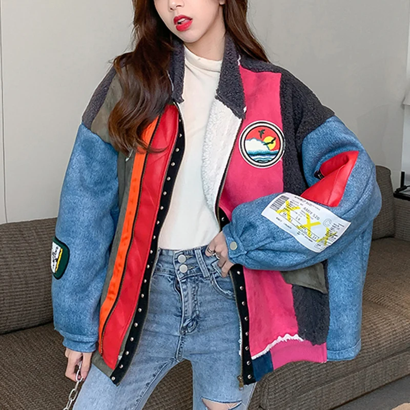 PERHAPS U Women Faux Fur Ted Denim Jacket Outwear Zipper Warm Thick Patchwork Leather C0474