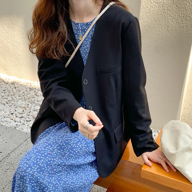 

Женский однобортный пиджак, повседневный свободный черный пиджак с длинным рукавом и V-образным вырезом, в Корейском стиле, осень 2020