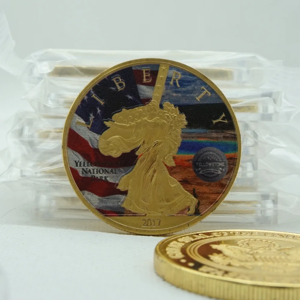 

United States Statue of Liberty Souvenir Gold Plated Coin Seal of The USA Bald Eagle Challenge Yellowstone nNational Park Coin