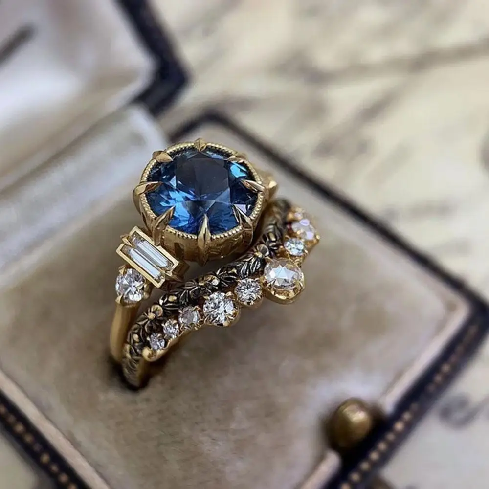 Роскошные круглые синие свадебные кольца для женщин обручальное кольцо с