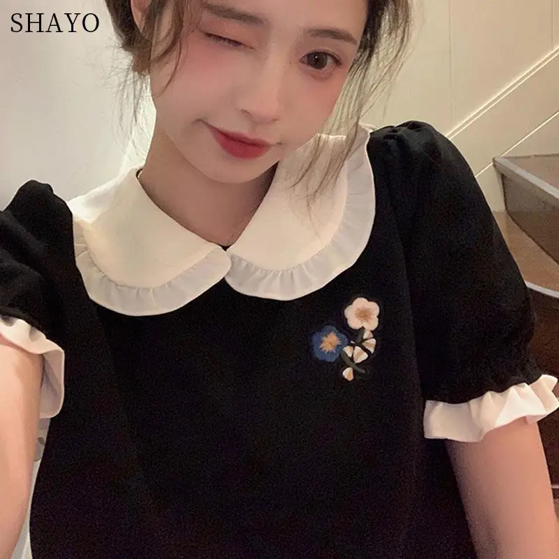 Женская летняя блузка с воротником Питер Пэн черные топы коротким рукавом