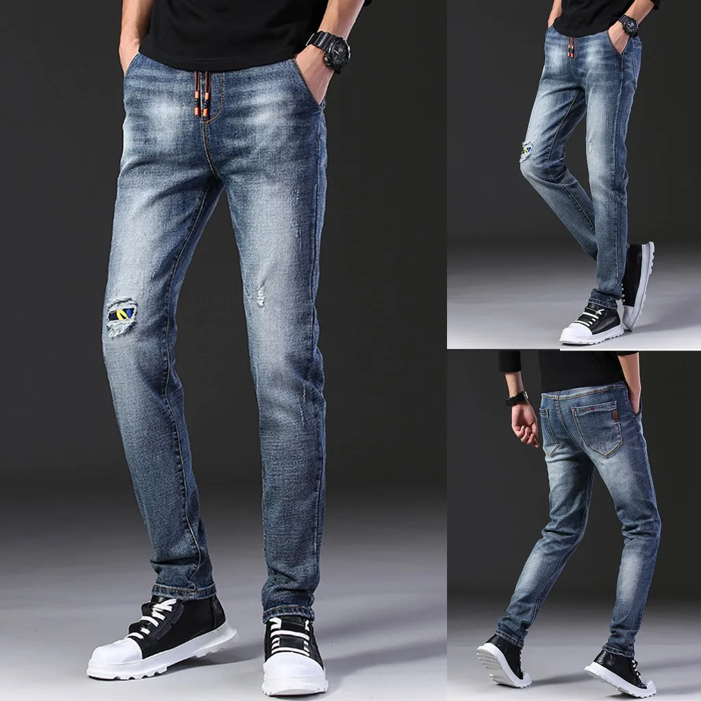 

Vogue Nice Fashion men's Straight Hole Dip Rope Denim Trousers Waist Pure Color Wild Hole Pants men's Autumn And Winter