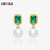oevas sterling sparkling 100 925 silver 57mm emerald 10mm pearl diamond earrings for women party birthday stone jewelry
