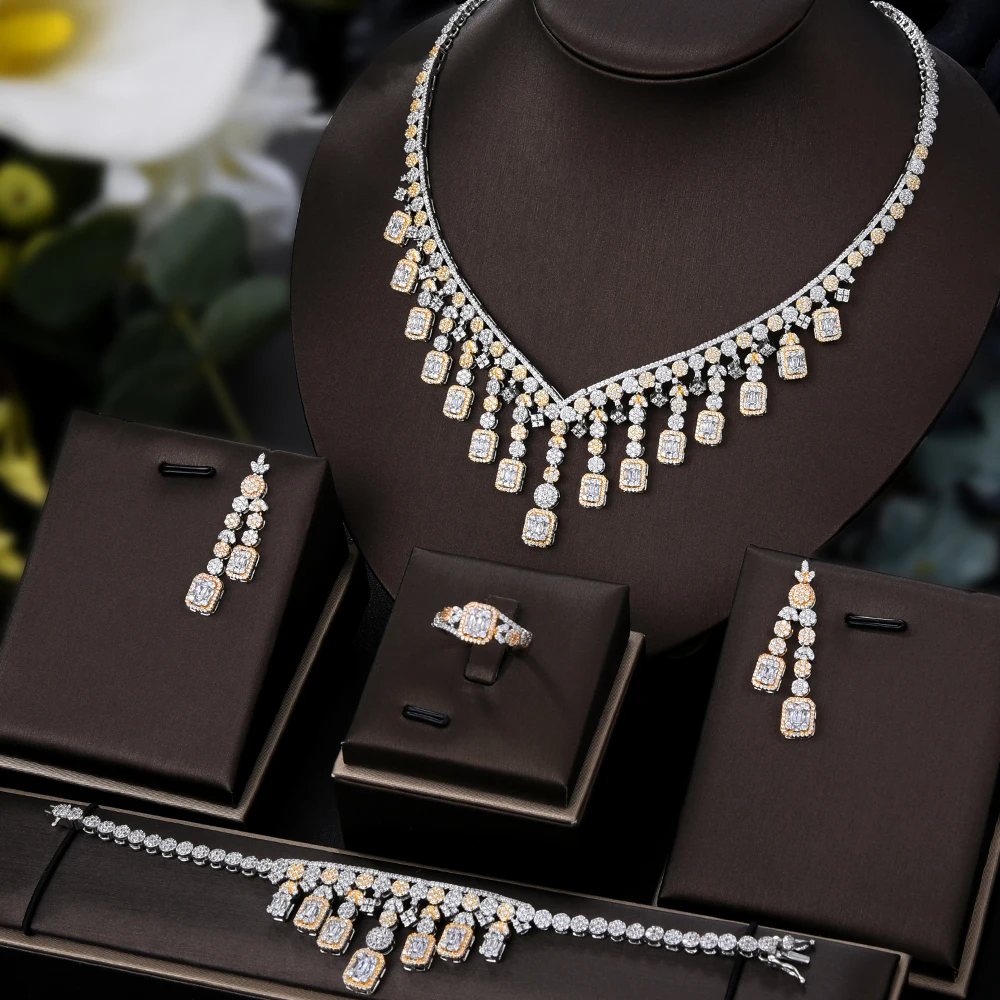 

New 4PCS Super Luxury Waterdrop Charms Tassel Drop Jewelry Set For Women Wedding Cubic Zircon Dress Necklace Earring Set