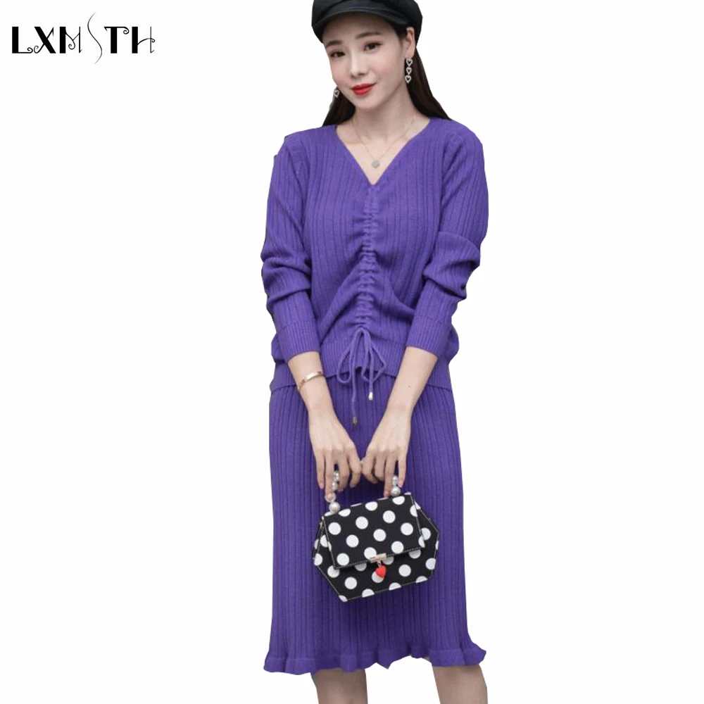 LXMSTH Женский вязаный костюм с юбкой осенне-зимний комплект со шнуровкой