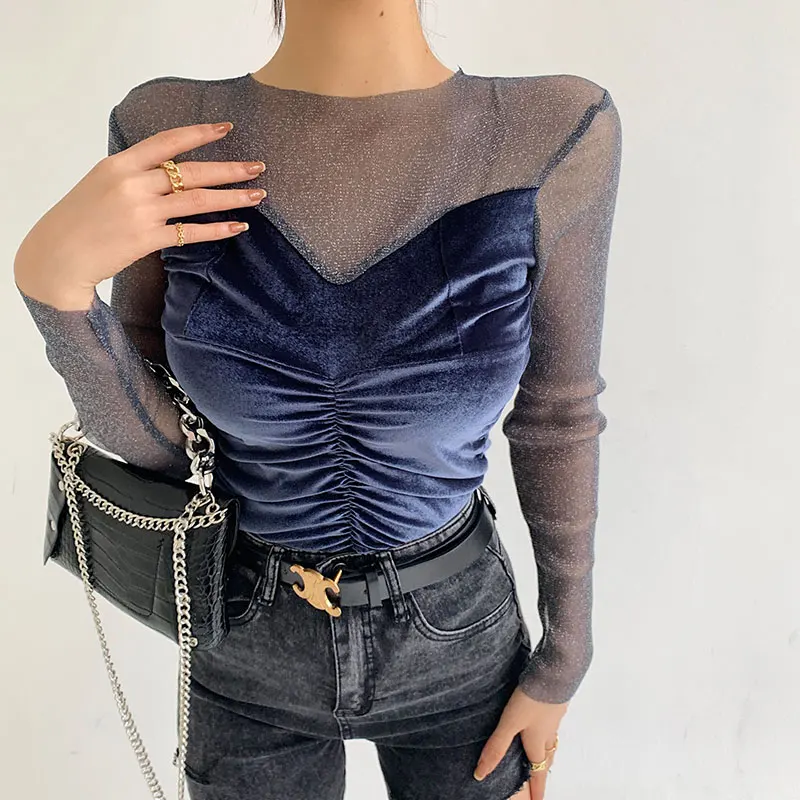 

Bright Silk Pleuche Long Sleeve Top Korean Fashion Women'S T-Shirt Female Vintage Clothing Blouses 2021 Kawaii Harajuku